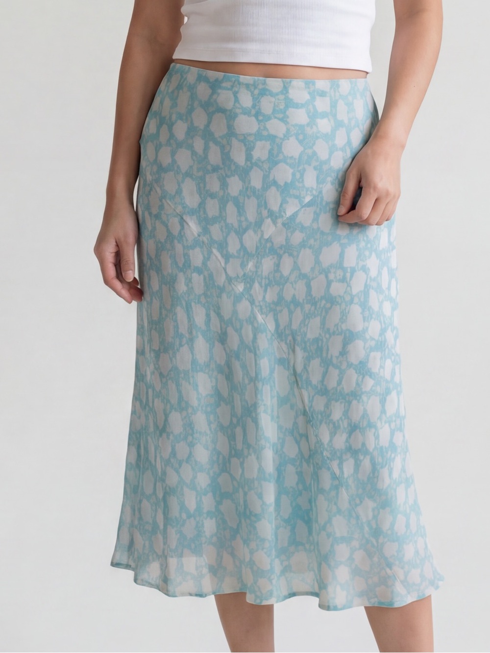 Vintage 90s Studio M Silk aqua white floral midi-length skirt coquette Fairy